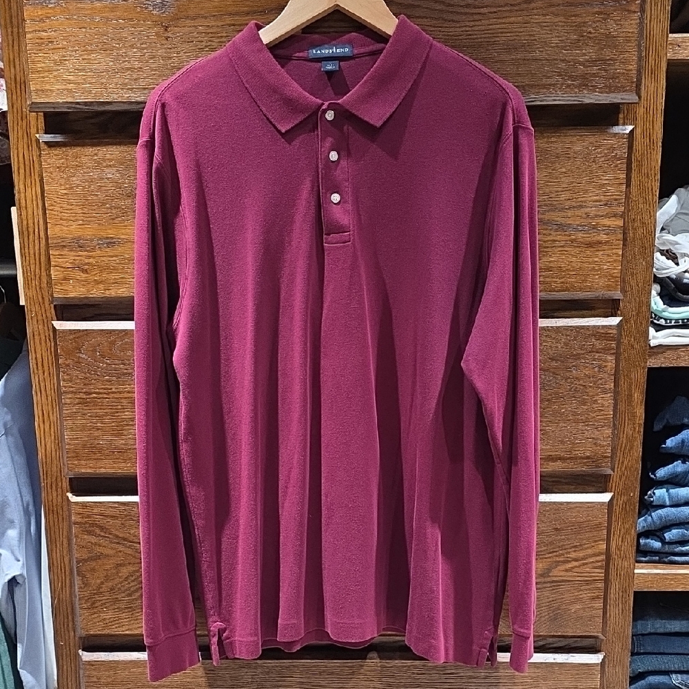 Lands' End 100% Cotton Men's Burgundy Long Sleeve Polo
